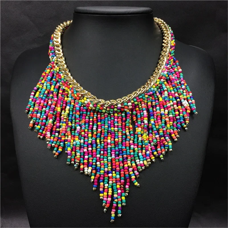 Bohemian Necklaces Fashion For Women Jewelry Mujer Handwoven Collier Long Tassel Beads Choker Statement Pendants Gift