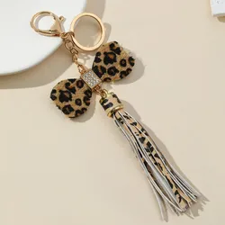 Cute Leopard Pu Leather Tassel Bowtie Accessory Crystal Shining Handmade Fashion Keychain for Women Car Key Purse Handbag