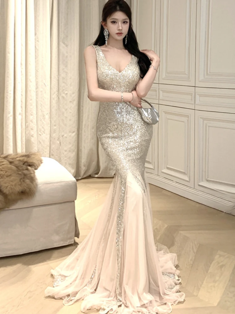 

Women's Long Dress European American Medium Long Temperament Dress 2025 New Model Socialite Fine Shiny Mesh Fishtail Dress
