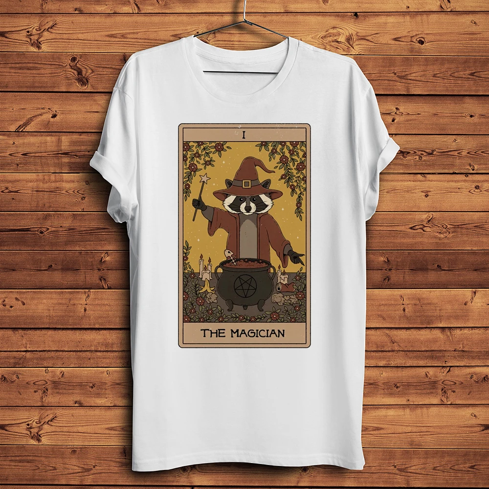 sun moon devil Raccoon Tarot Funny T Shirt Men Homme White Casual Short sleeve Tshirt Unisex vintage Streetwear Tee no-sticker