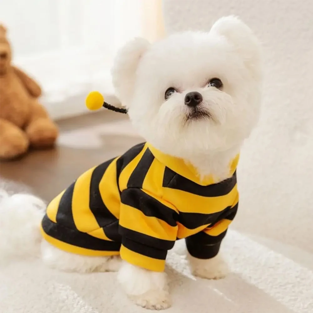 Sudadera con capucha de invierno premium para mascotas con diseño de abeja: forro de felpa gruesa y apertura de correa para perros pequeños y gatos, traje cálido