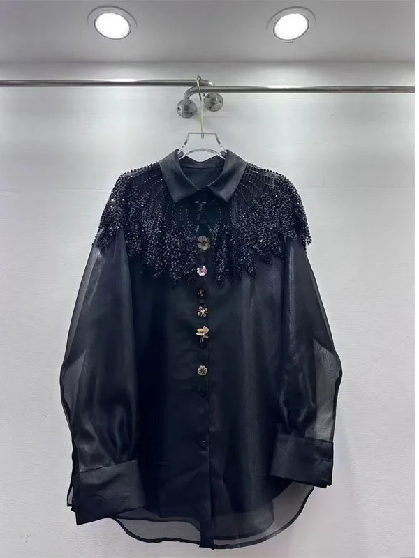 

Bla Long Sve Sequin Embellied Loose Women's irt Spring Faion European Sle Large Size Commute Sle Korean Version