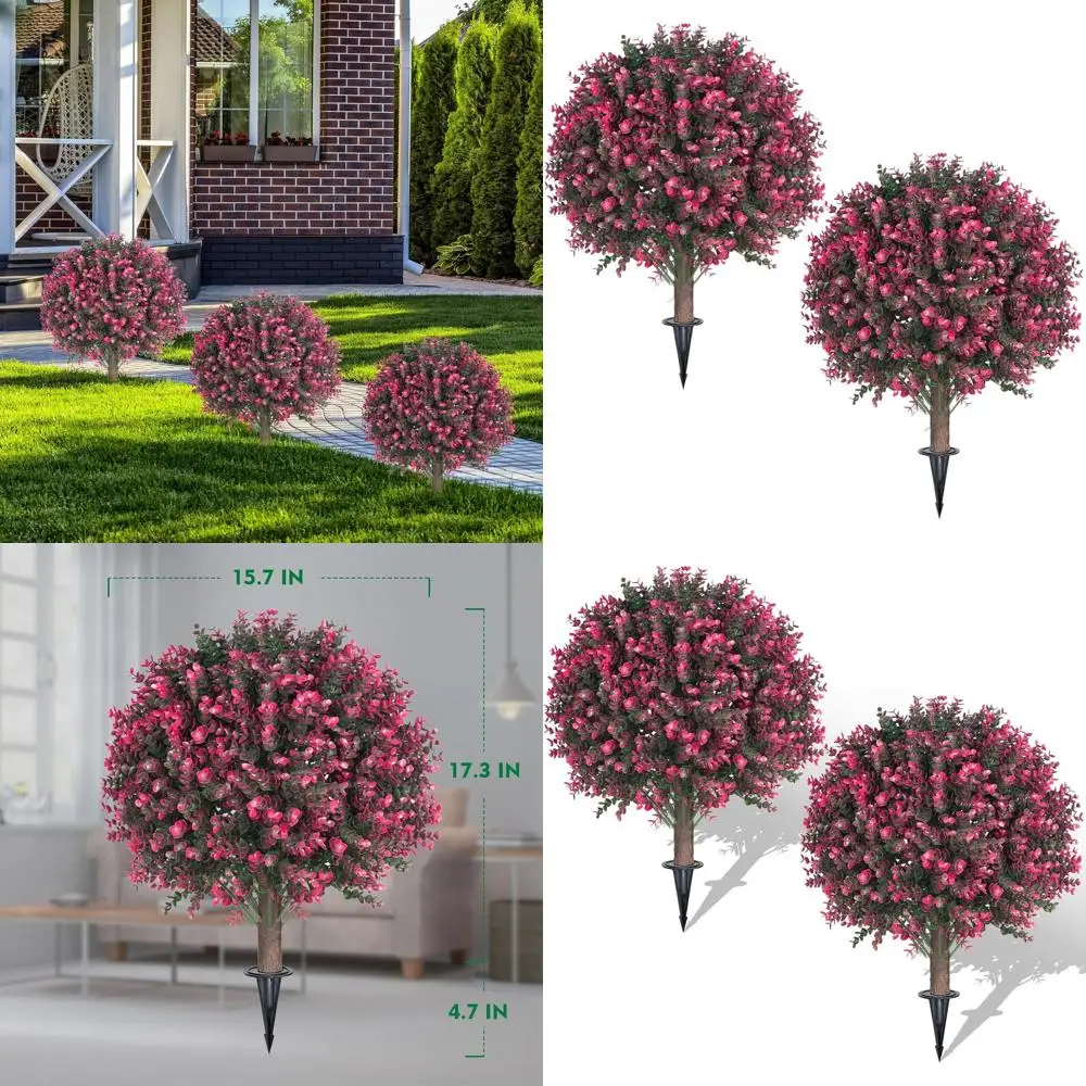 

22 UV-Resistant Artificial Rose and Boxwood Topiary Ball Bush with Ground Spike for Outdoor Garden, Yard, Porch, and Patio Decor