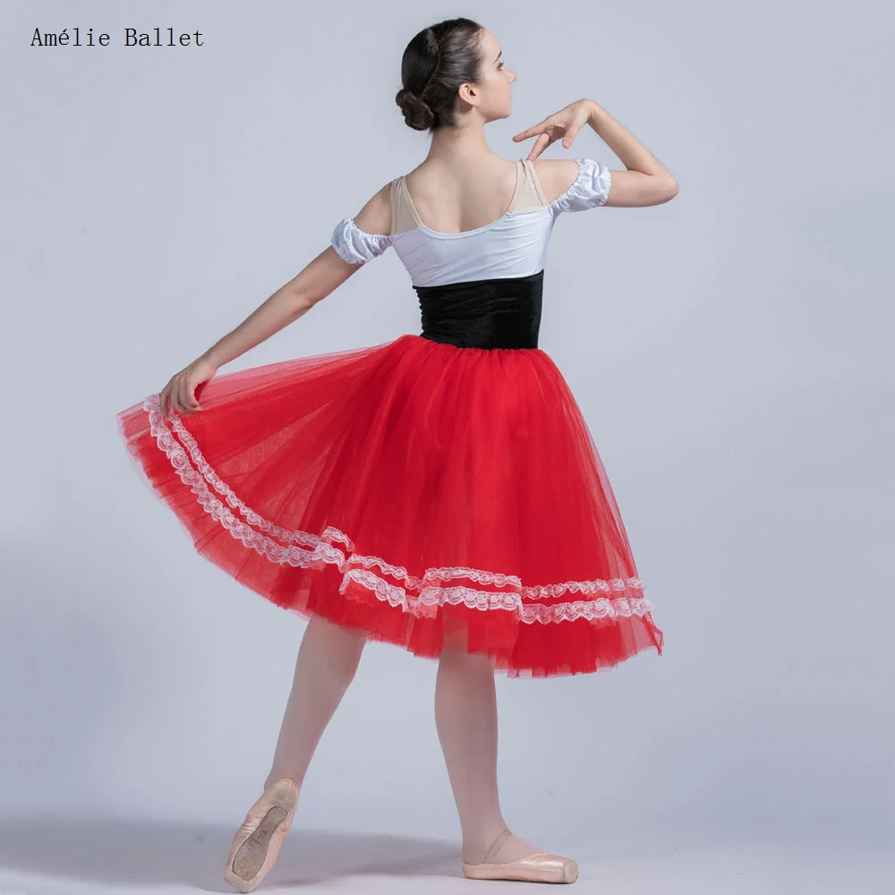 20012 White and Black Leotard Attached Red Soft Tulle with White Lace Trim Romantic Length Tutu Girls&Women Performance Dress