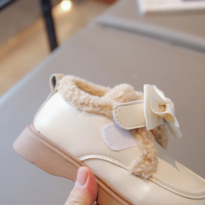 Children Plush Small Leather Shoes Winter New Warm Cotton Shoes Thick Sole Bowknot Girls Shoes Toddler Casual Shoes Kids Loafers