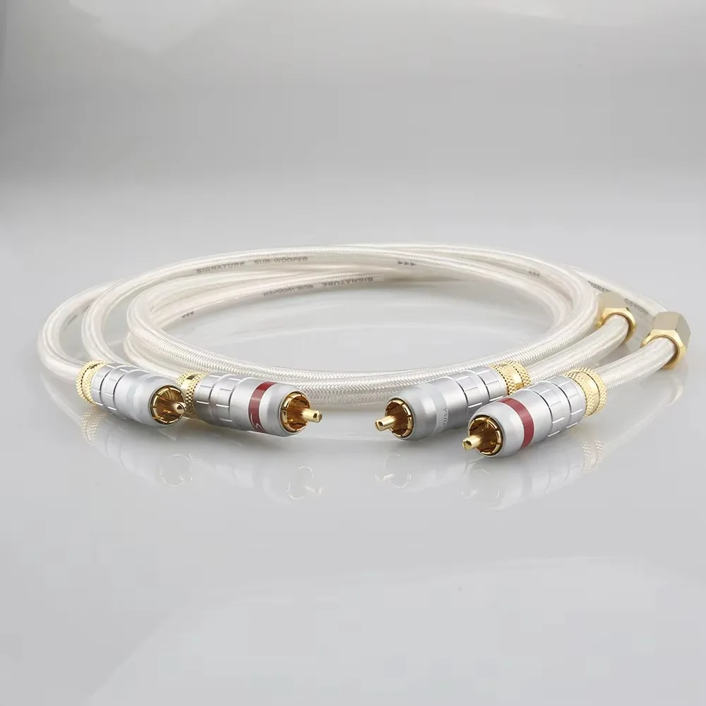 Pair 2RCA Male to Male Stereo Audio Cable OCC Silver Plated White Braid Gold Plug HIFI Interconnect for DAC Preamp Amp