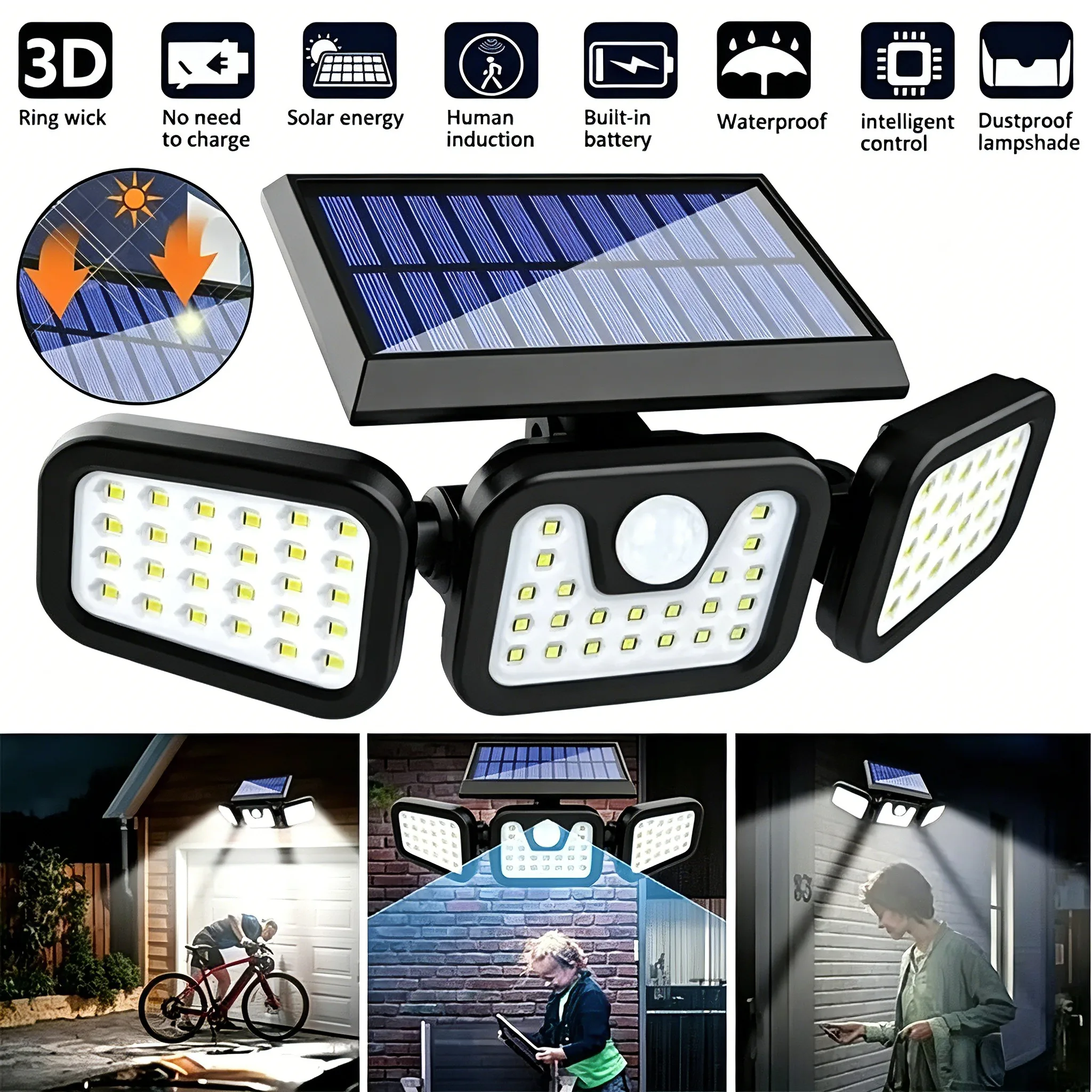 LED Solar Light Outdoor Motion Sensor Human Body Sensing Adjustable Head Ip65 Waterproof Solar Three Head Wall Lamp Garden