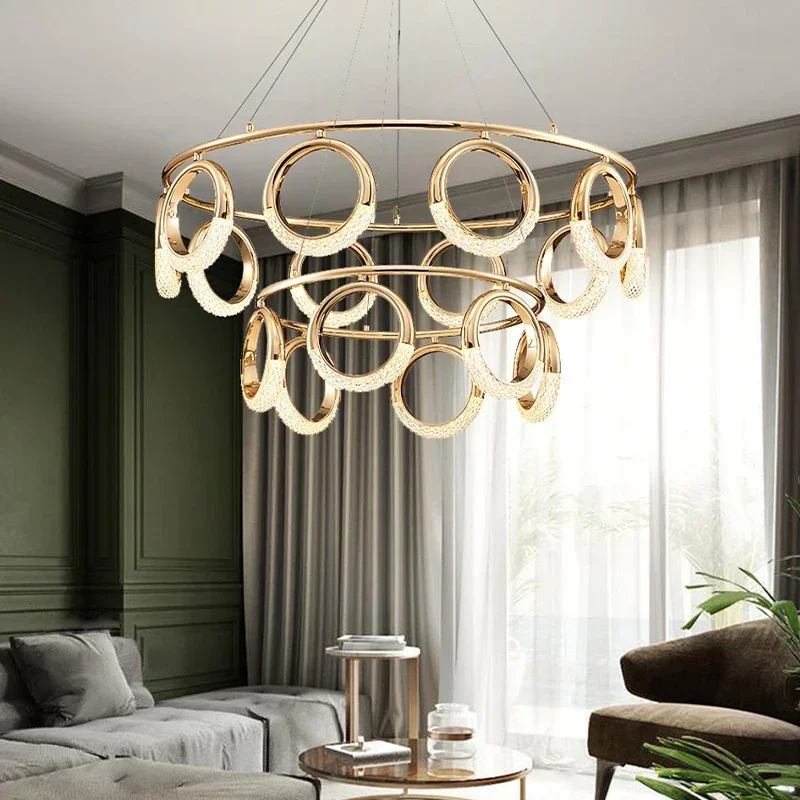 

Postmodern Light Luxury Golden Living Room Ceiling Lamp Bedroom Bedside Stairwell Crystal Personalized Earrings Ring Chandelier