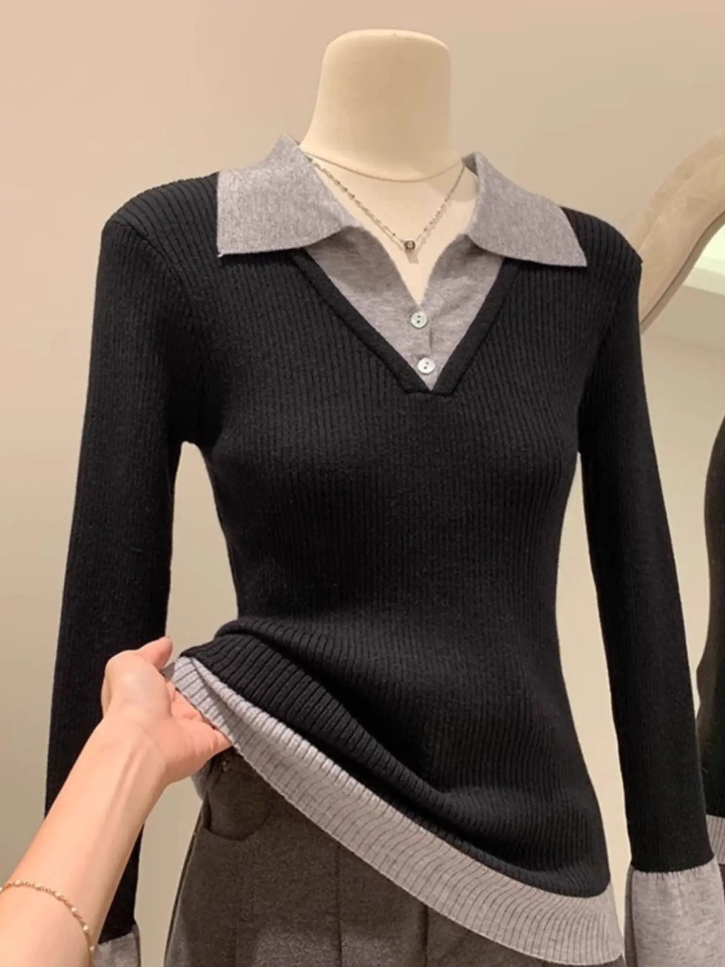 

Цветная блузка Long Sve, вязаный топ, женский весенне-осенний нижний костюм, внутренняя одежда, искусственный дизайн из двух предметов, приятный для поездок на работу, облегающий крой