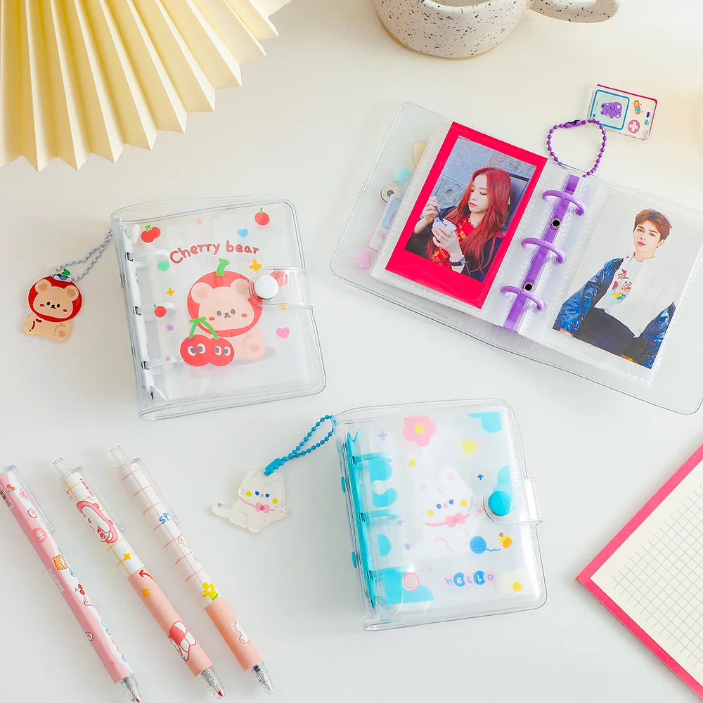 Mini Photo Album in Loose Leaf Refillable 3-Rings Transparent Photocard Binder with Cute Pendant for Picture Cards Storage