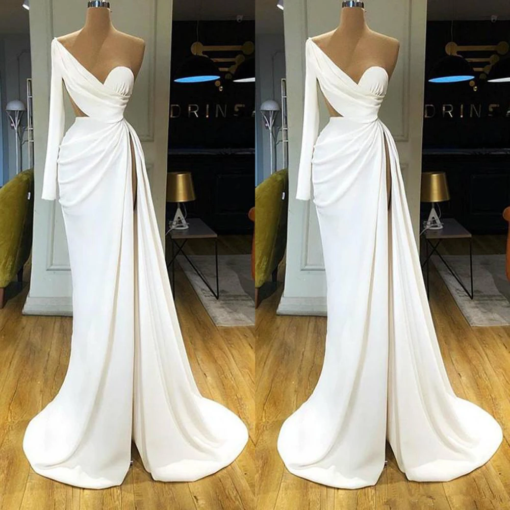 

Mermaid Prom Dresses High Side Split One Shoulder Vestidos De Noche Long Sleeve Evening Gowns Sweep Train Robe De Soirée Femme