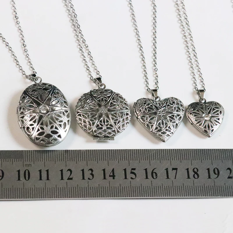 10pc Cutout Heart Oval Round Pendant Necklace Stainless Steel Simple Love Locket Necklaces Women Kids Fashion Memorial Jewelry