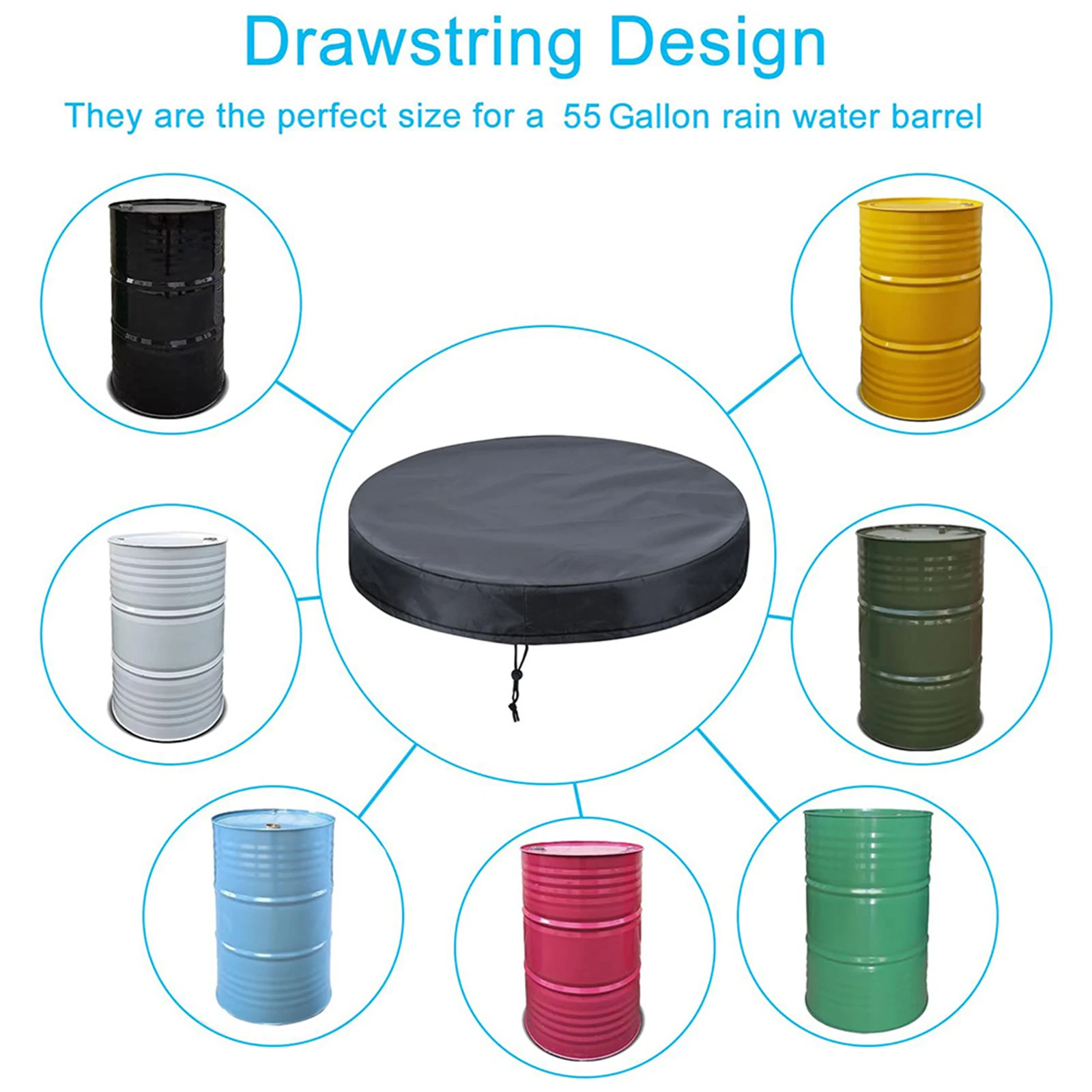 210D Oxford Cloth Drum Lid Cover Waterproof Dustproof with Stretchable Adjustable Drawstring for Most Water Barrel and Trash Can