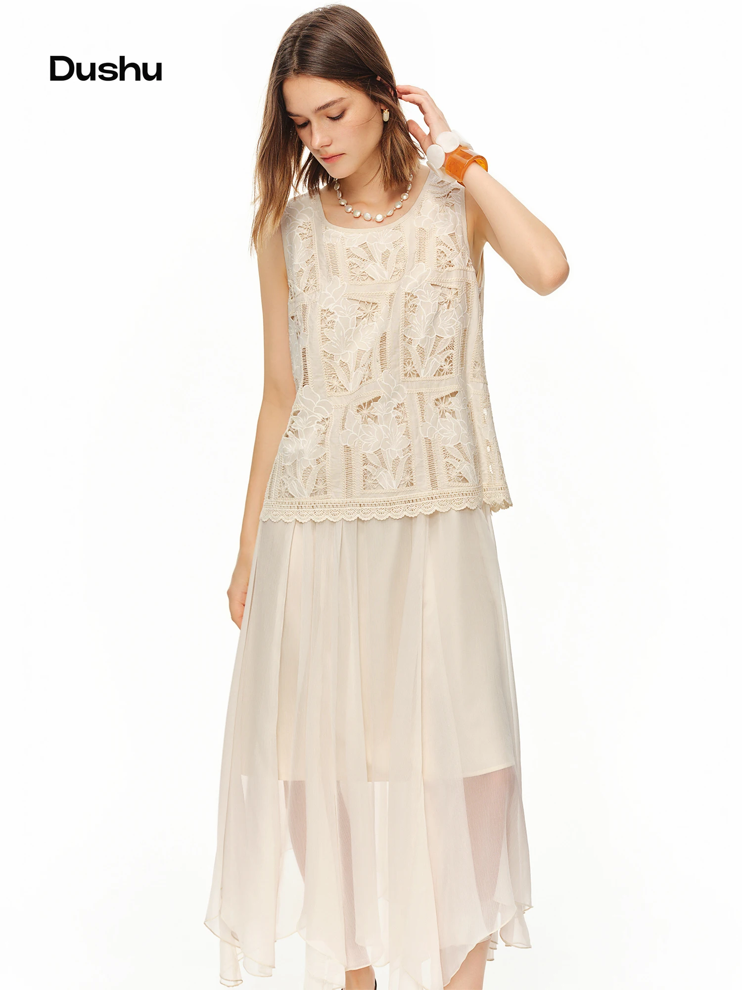 DUSHU 2026 Summer Women's Heavy Embroidered Lace Vacation Dress, Romantic Openwork Festival Maxi for Coquette & Boho Art Style