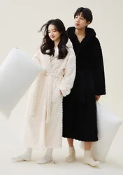 Winter Lounging Housecoat Soft Warm Hooded bathrobe Long Fluffy Fleece Dressing Gown Carved Cosy Robe for Women Mens