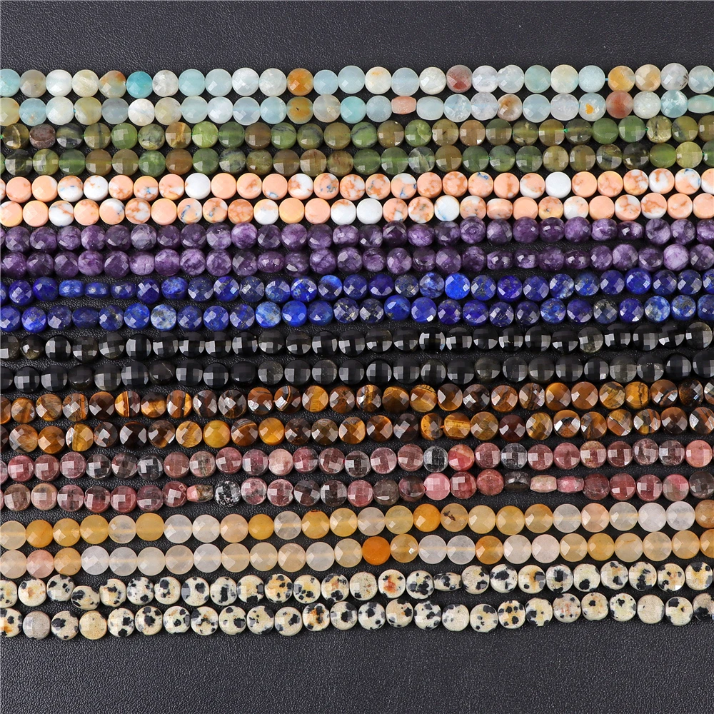 Natural Quartz Stone 4mm 6mm Amethysts Labradorite Tiger Eye Flat Round Faceted Beads For Jewelry Maing DIY Bracelet Necklace