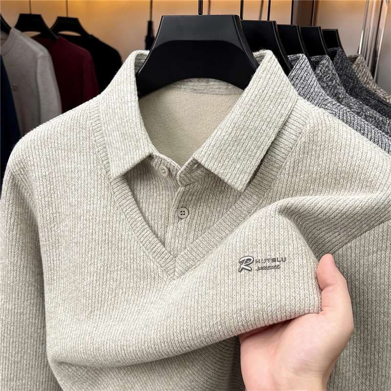 Luxury Brand  Plush Fake Two Piece Long Sleeve Knitted Sweater Winter New Solid Color Printed Warm Fashion Business Men's Wear