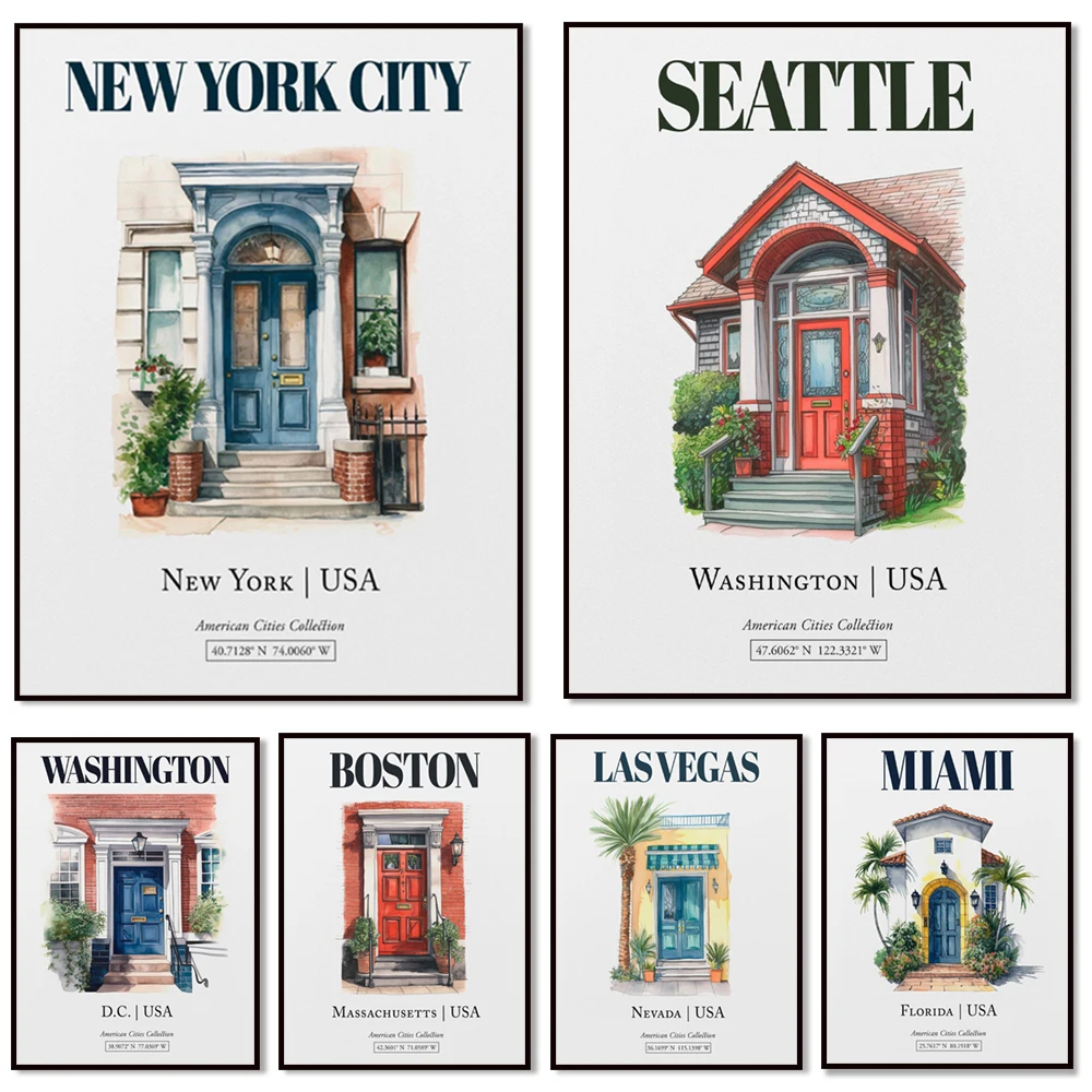 Miami, Massachusetts, Louisiana, Florida, Washington, Chicago, San Francisco, Door Art, Watercolor Travel Poster Print