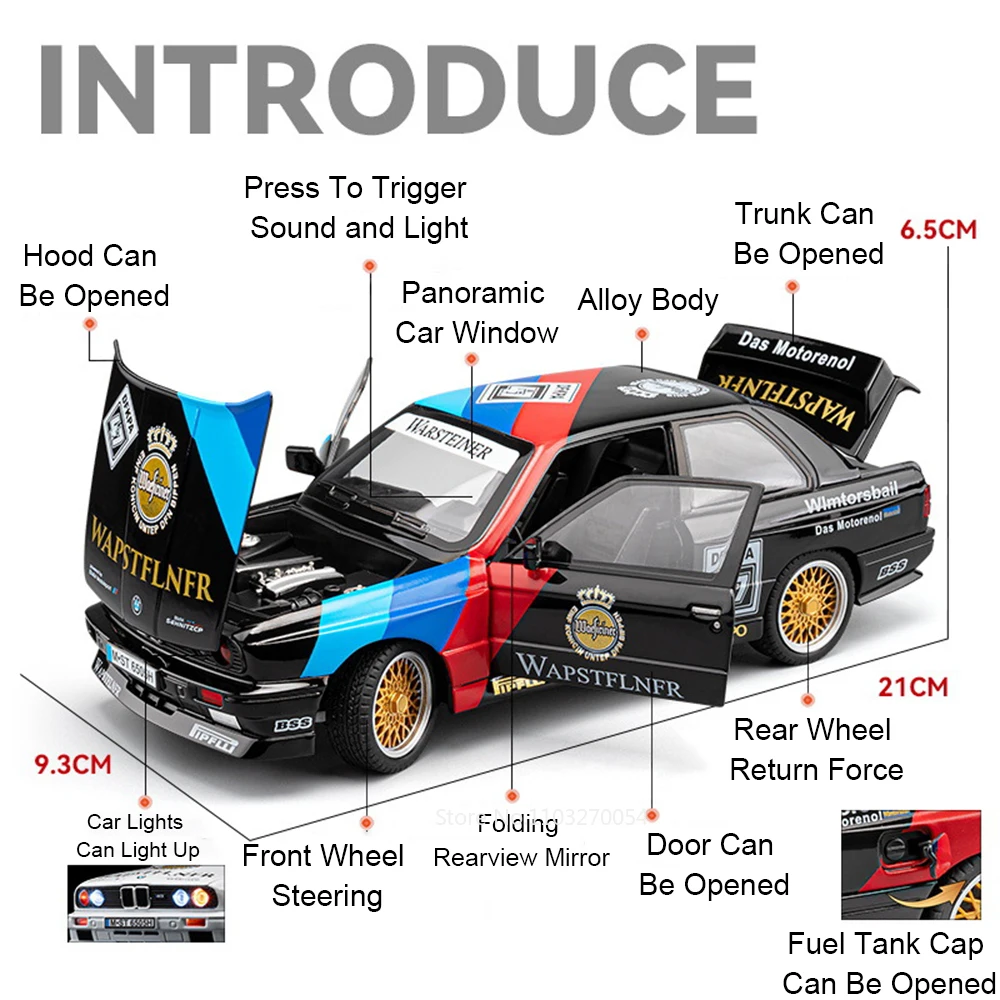 1:24 M3 GTR M4 合金ミニチュアモデルおもちゃダイキャストカー前輪ステアリングドア開閉サウンドライトコレクションモデル男の子向けギフト