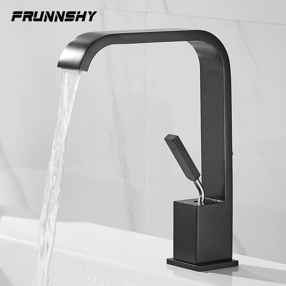 

Bathroom Black Faucet Waterfall Style Sink Mixer New Brass Water Faucet Single Hole Vanity Sink Mixer Tap Deck Mounted FR614