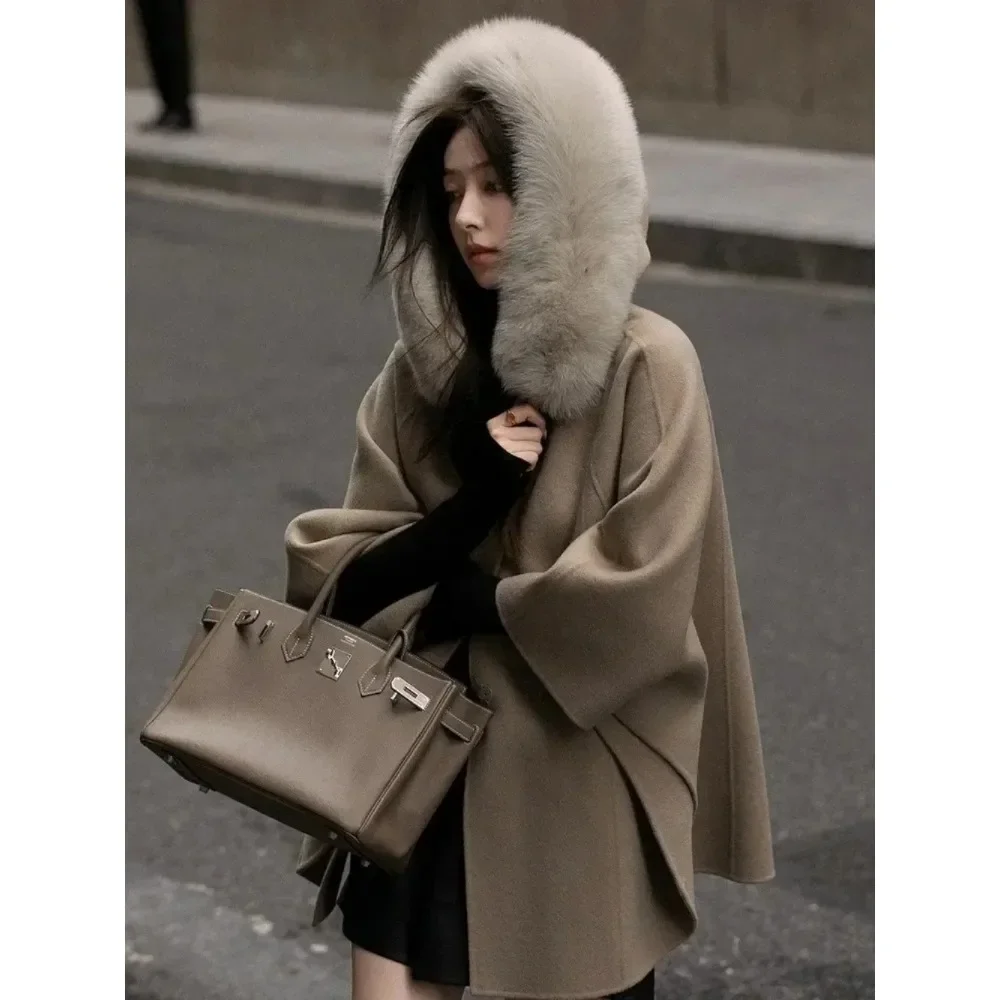 Real Fox Fur Collar Jacket Women's Overcoat Warm Detachable Fur Hooded Red Double-faced Wool Cloak Coat New Winter Clothing 2025
