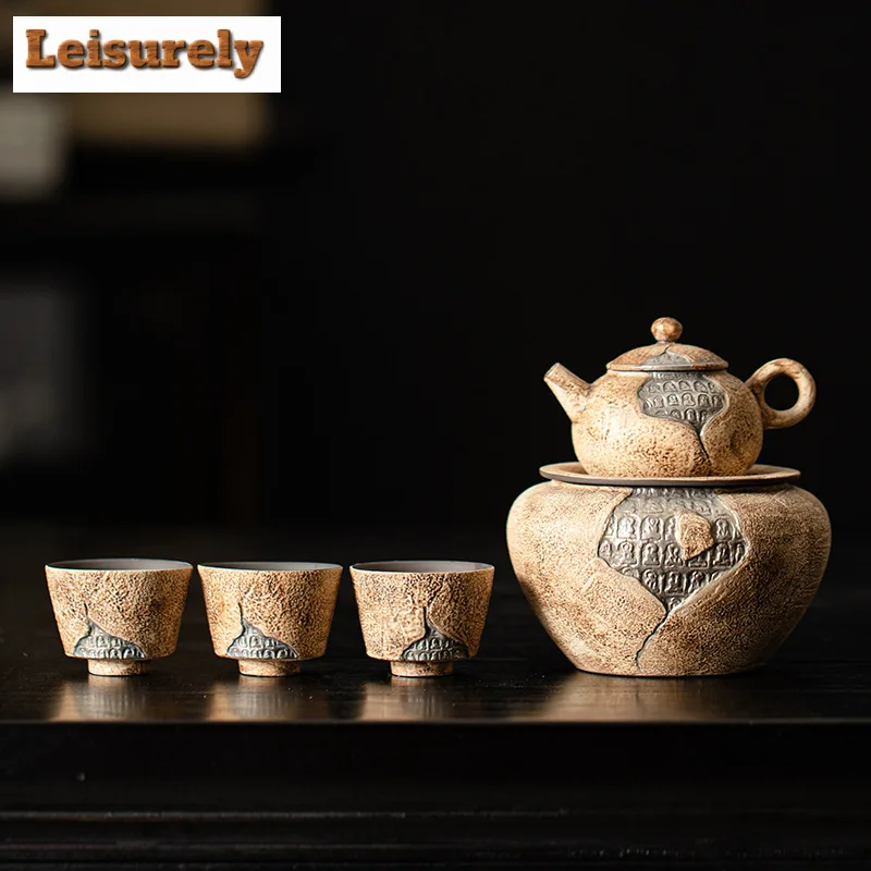 Handmade Old Rock Mud Thousand Buddhas Tea Set Complete Set Tea Ceremony Set Household Teapot and Tea Cup Set Cha Teaware Craft