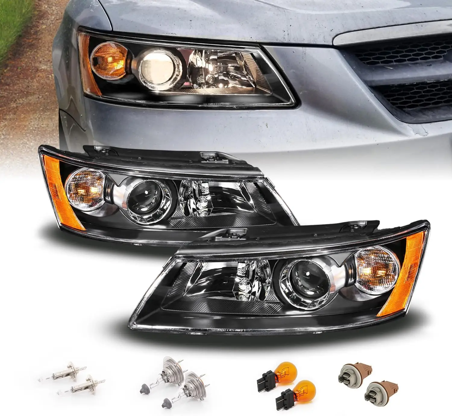 

for 2006-2008 Hyundai Sonata Black Replacment Projector Headlights Pair w/Bulbs - Driver and Passenger Side