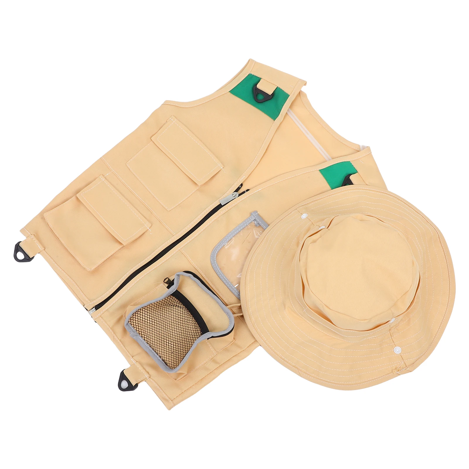 

Explorer Vest Hat Kit Lightweight Kids Camping Outdoor Costume Khaki Fabric Wide Brimmed Design Breathable Material Perfect Fit