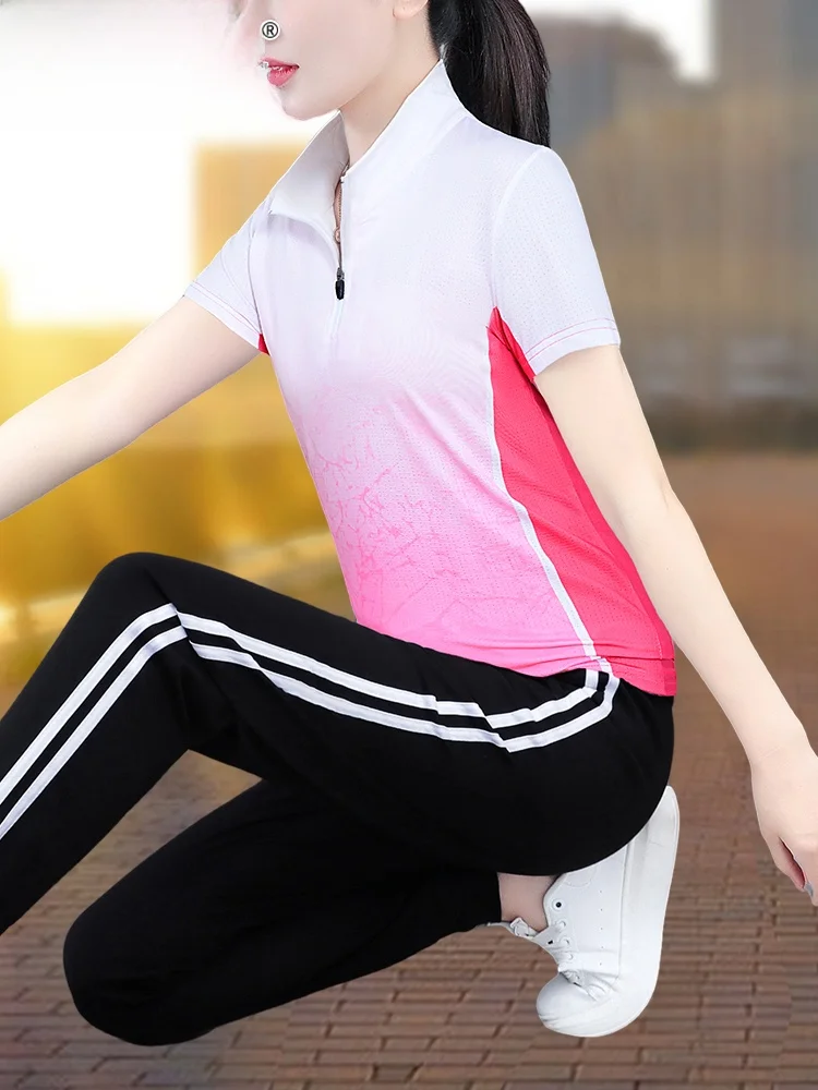 Conjunto Esportivo Feminino TUCANO de Secagem Rápida Manga Curta 2026: Nova Coleção de Verão para Mães, Roupa para Dança Quad...