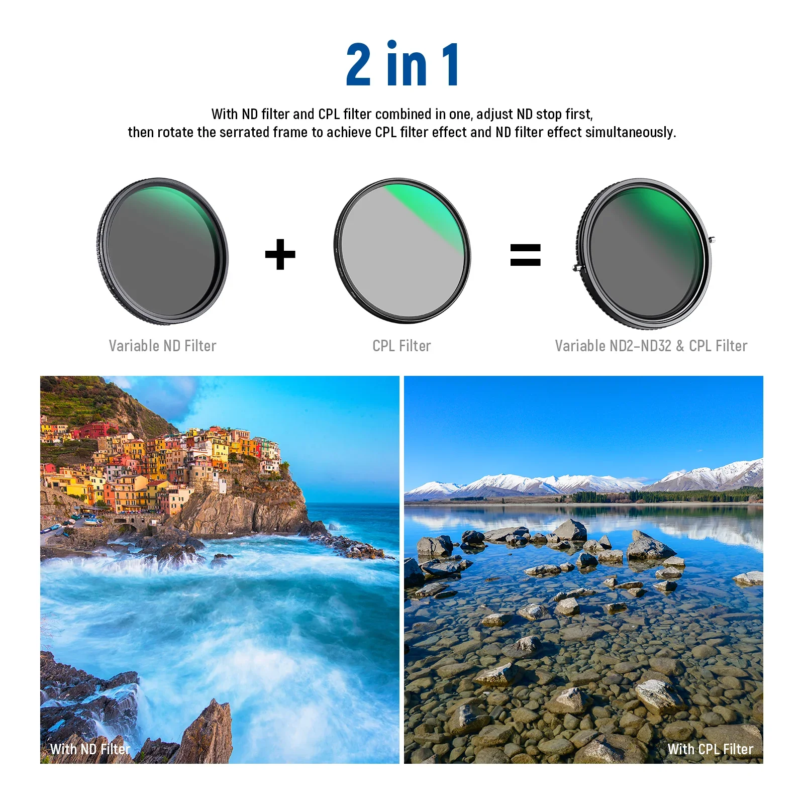 NEEWER 2in1 Variable ND2–ND32&CPL Filter Circular Polarizing 43/49/52/55/58/62/67/72/77/82mm ND Filter 30-Layer Coated