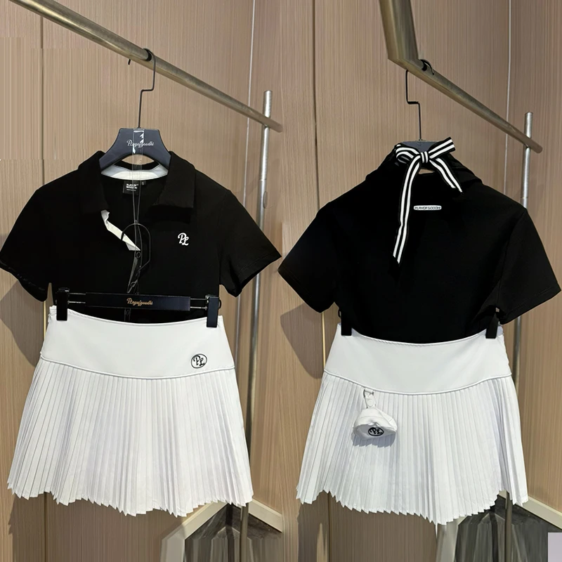 PL Golf Fashion Clothes for Woman Short Sleeve V Neck T-shirt Ladies Slim Casual Top High-waist Pleated Skirt Golf Skorts