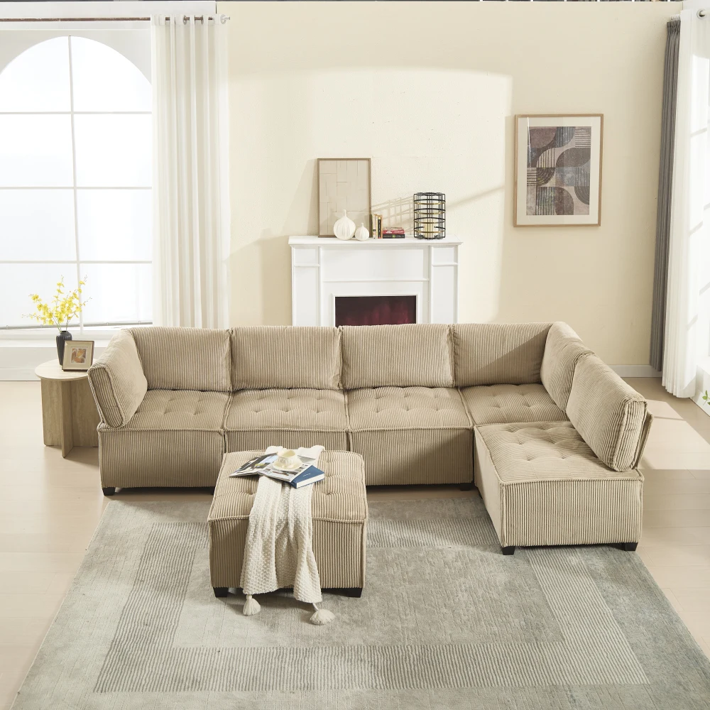 Sofa Modulares 6-Sitzer-Sofa, Kordelstoff, ergonomisch, Aufbewahrungstaschen, flexibel kombiniert als U-Form/L-Form/Sofabett – Detail 31