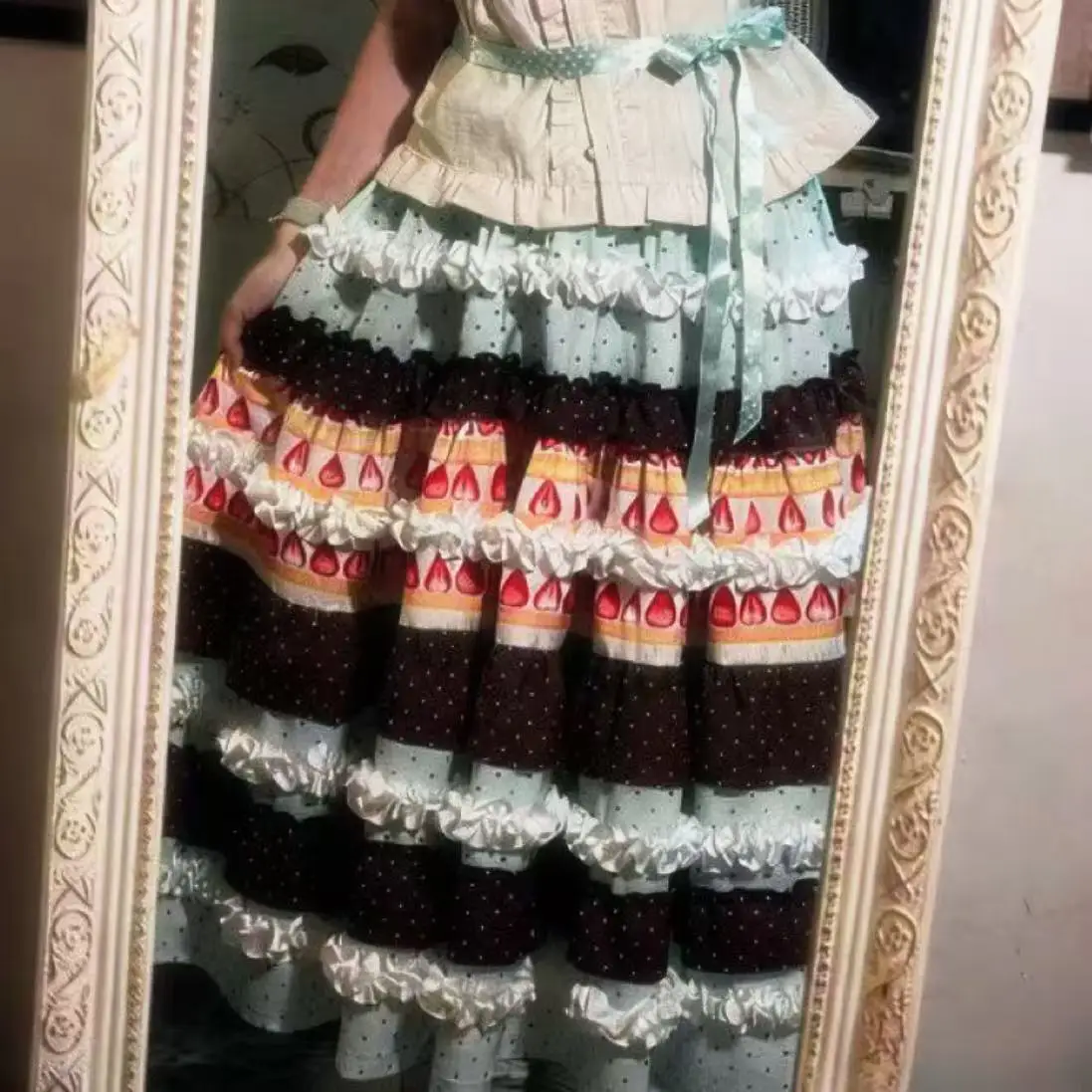 High-end Sweet Patchwork Polka Dot Chiffon Long Skirts Y2K Skirt Women High Waist Multi-Layer A-line Flower Print Skirt Harajuku
