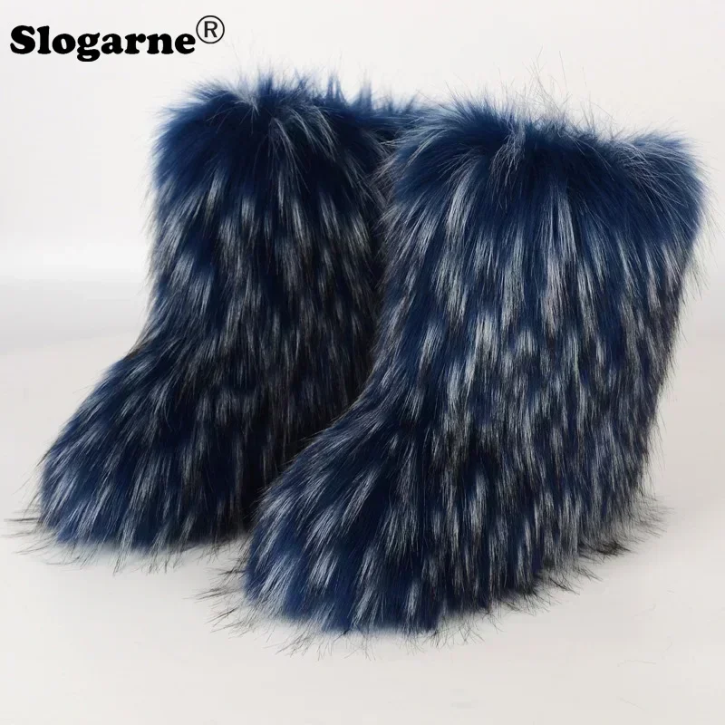 2024 Women Winter Fluffy Fur Boots Woman Furry Snow Boots Plush Warm Outdoor Footwear Girls Luxury Faux Fox Fur Platform Shoes