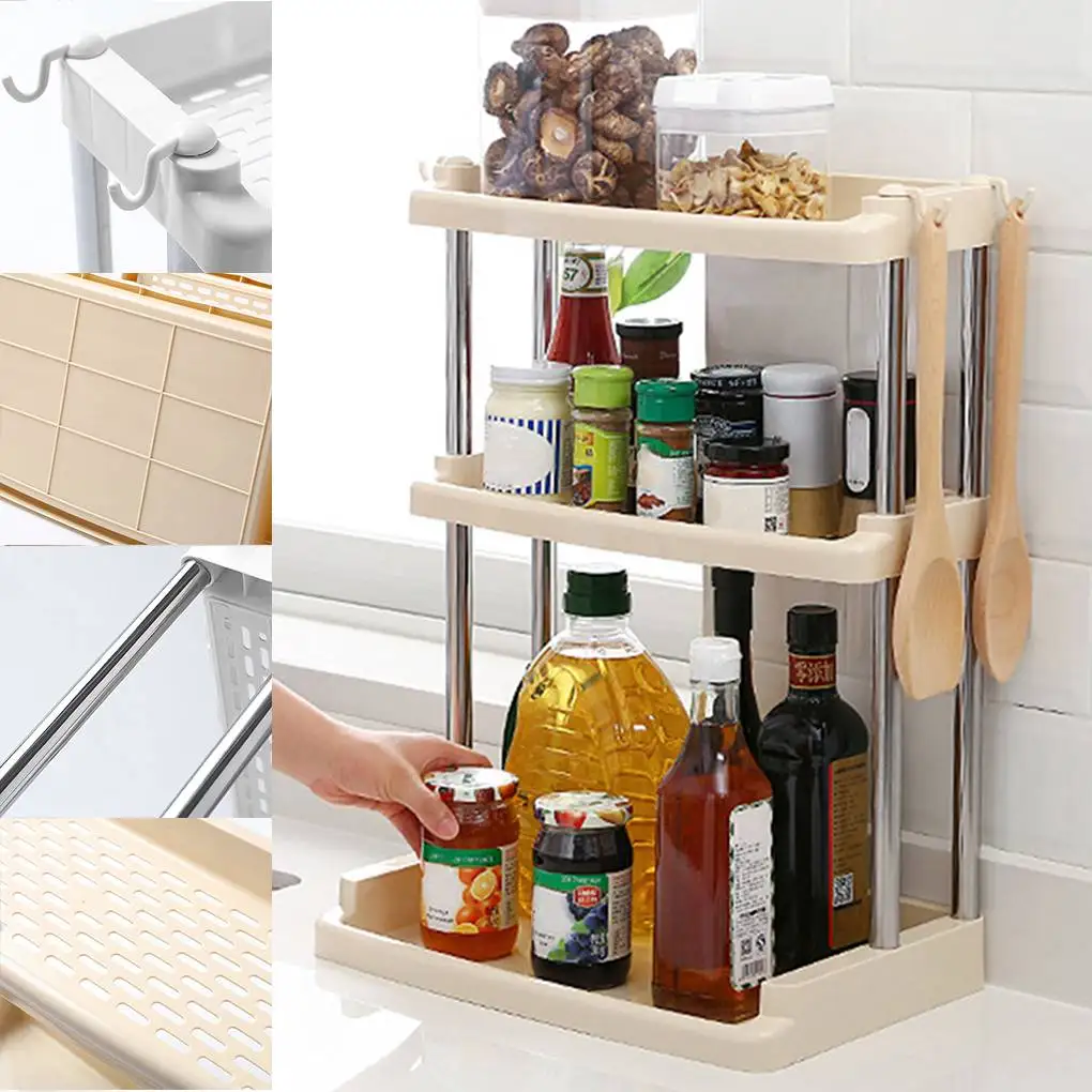 Multifunction 3 Layer Kitchen Shelf Plastic Stainless Steel Living Room Bathroom Desktop Shelves Organizer Storage Rack