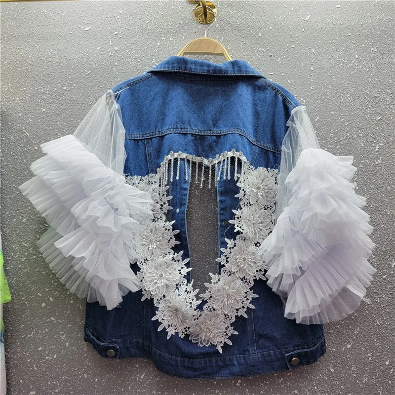 

Tassels Lace Sticthing Denim Vest Coat Back Love Hollow Diamonds Fringed Embroidery Jeans Waistcoat Mesh Spliced Vests Tank Tops