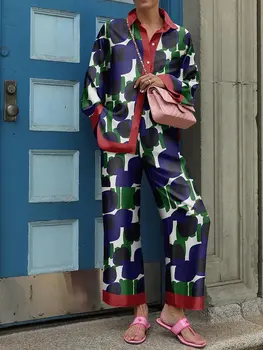 Moda baskı pantolon kadınlar için iki parçalı setleri 2024 İlkbahar sonbahar uzun kollu gömlek ve yüksek bel pantolon setleri rahat gevşek ev takım elbise