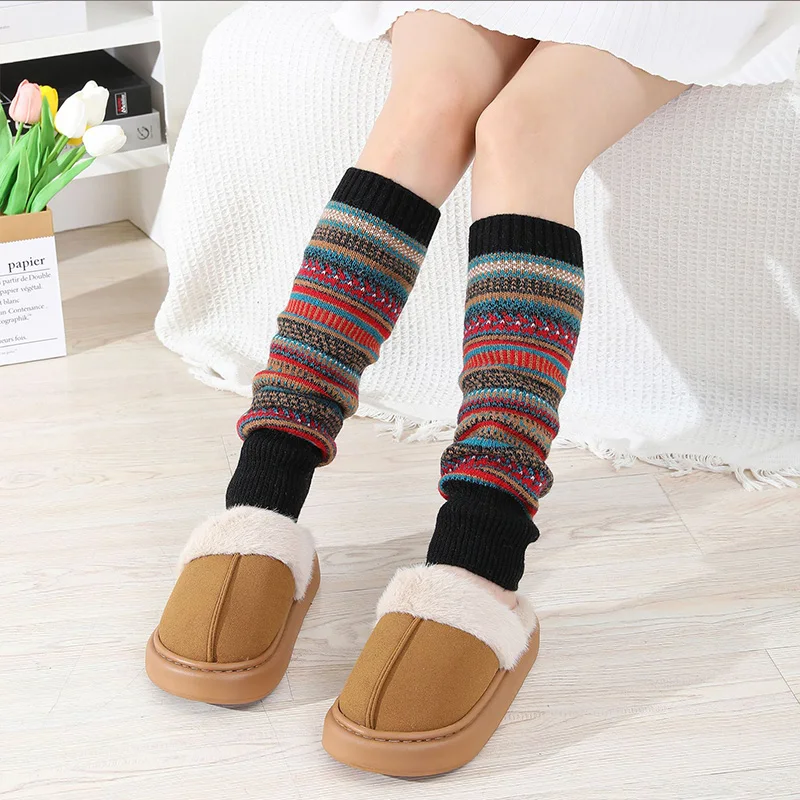 التمويه البوهيمي نمط الغزل الدافئة الساق و منصات الركبة الأوروبية والأمريكية الخريف الشتاء النساء اللون منعت مخطط كومة الجوارب #2