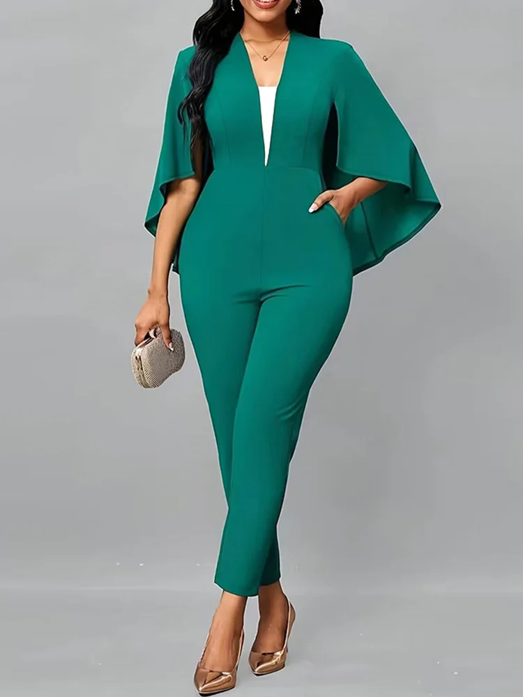 Solid Batwing Sleeve Deep V Neck Jumpsuits for Women