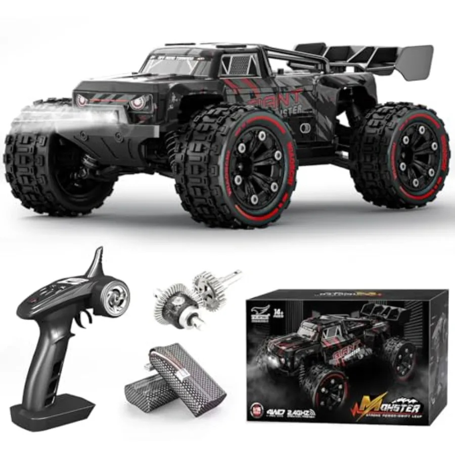 Off-Road RC Truck For Adults And,Metal Chassis, Black And Red, 40KPH Speed With Waterproof Design And Dual Batteries