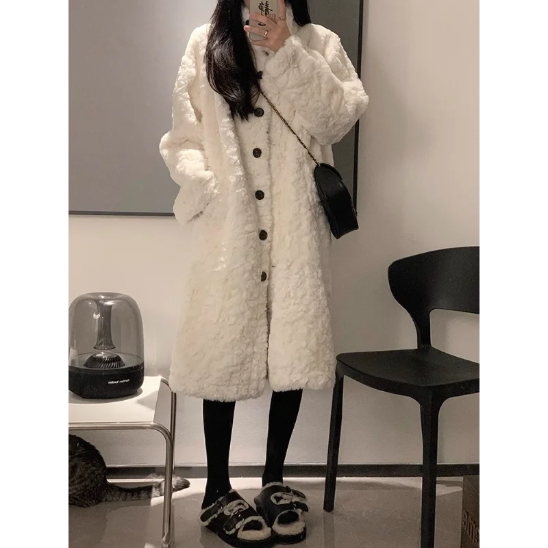 Womens Long Lamb Fur Coat Over Knee Faux Rabbit Fur Thick Loose Stand Collar Warm Winter Outerwear