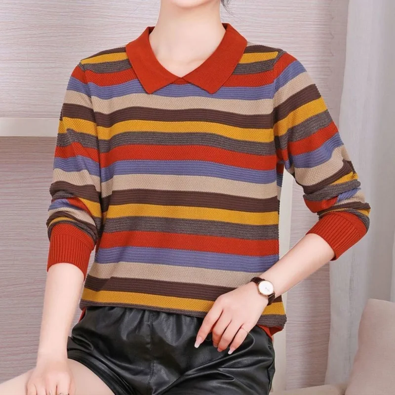 Spring Autumn New Multicolor Sweater Women POLO Collar Long Sleeve Fashion Pullovers Korean Style Striped Screw Thread Y2K Tops