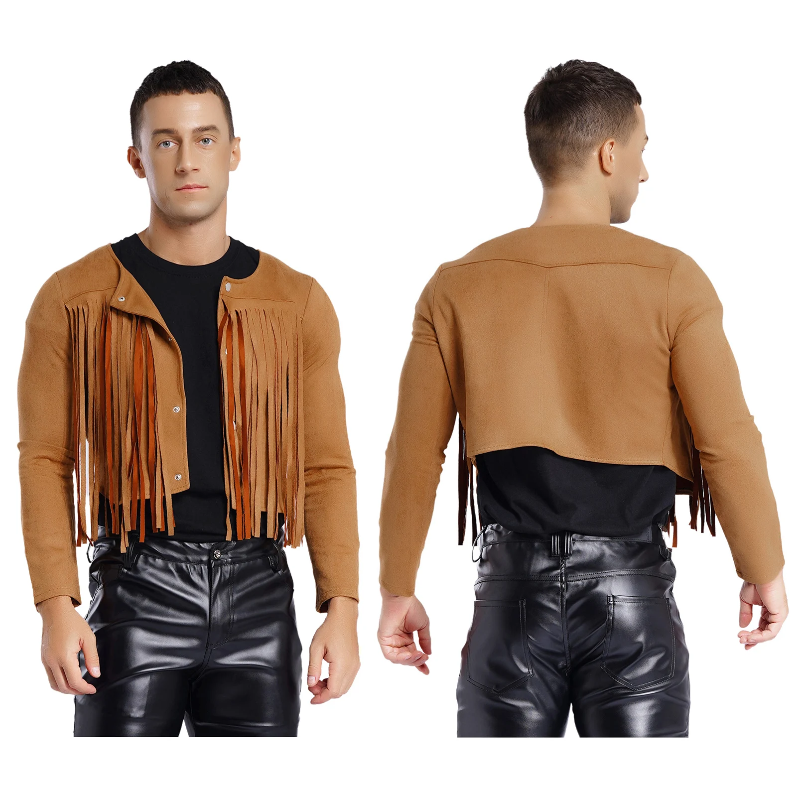

Hallowe Mens Cowboy Cosplay Jacket Long Sleeve Button-up Cardigan Hippie Style Outerwear Stylish Fringe Faux Suede Crop Jackets