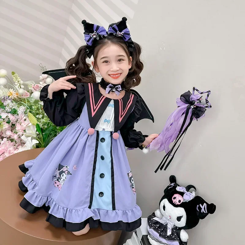 Sanrio Kuromi Princess Dress Girl Purple Puff Sleeve Cosplay Tangled Costume Halloween Vestido Kids Birthday Ball Gown Clothing