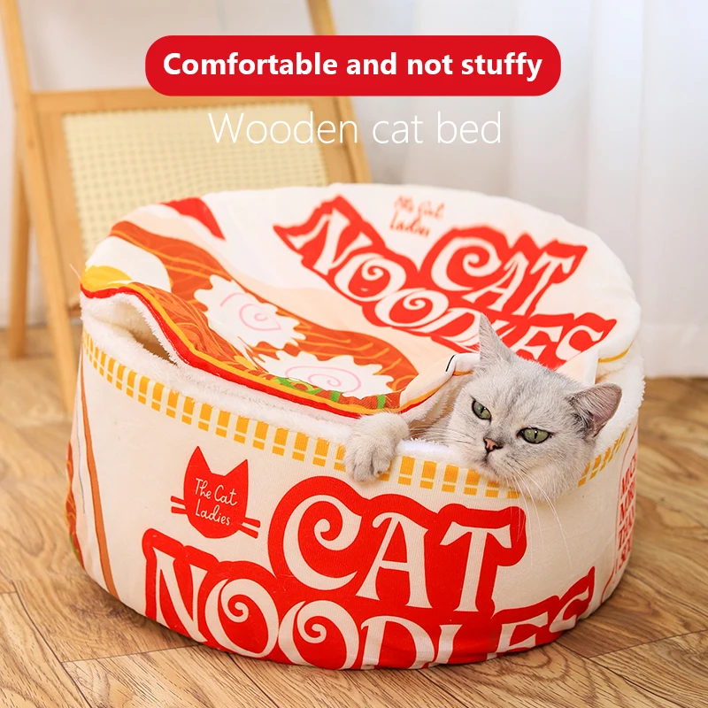 The New Winter Cartoon Ramen Cat Nest Love Warm Cute Semi-enclosed Cat Bed Can Be Opened And Washed