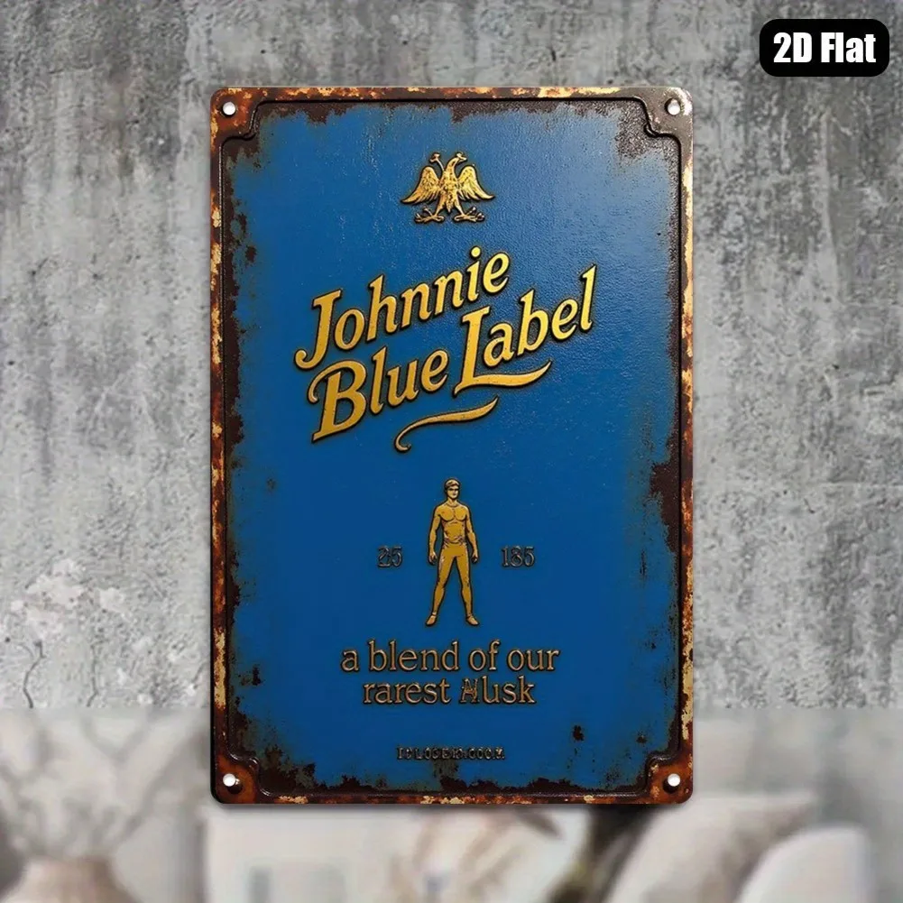 7.87 بوصة × 11.81 بوصة قطعة واحدة من لافتة معدنية مسطحة عتيقة ثنائية الأبعاد - "Johnnie Blue Label" فن الويسكي، ديكور ألومنيوم ذهبي/أزرق للدراسة/الصالة #5