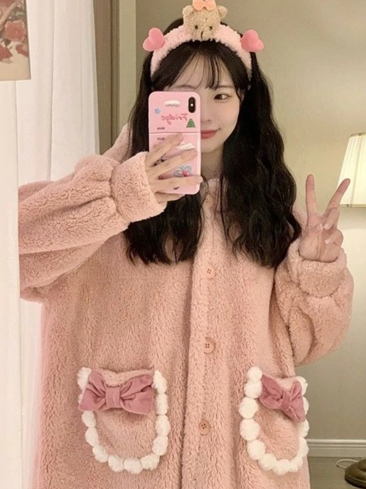 Coral Fleece Robes Women Winter Warm Sweet Cozy Hooded Sleepwear Fluffy Plus Velvet Thicker Aesthetic Girlish Home Korean Style