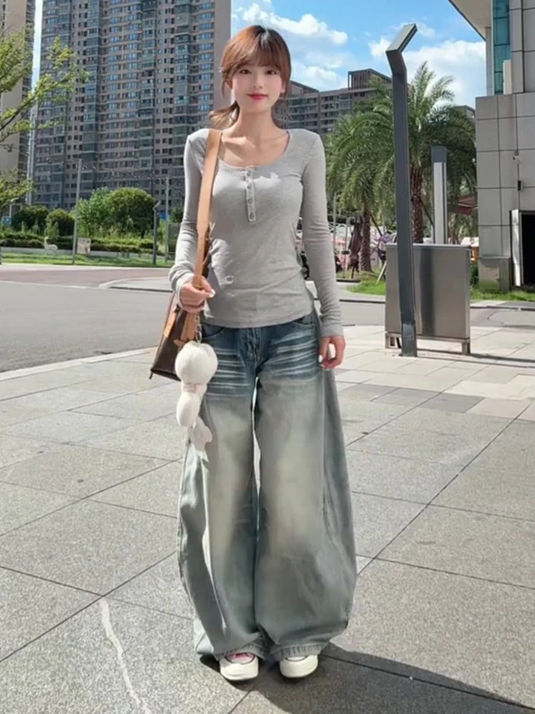 

Женские джинсы в стиле ретро-американский вейд, с высокой талией, свободные, прямые, широкие, в пол, драпированные, в форме сцежи