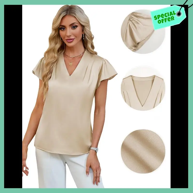 Stevige dameszijde chic casual zakelijke blouse ruches mouw tops zomer v-hals geplooide werkoverhemden
