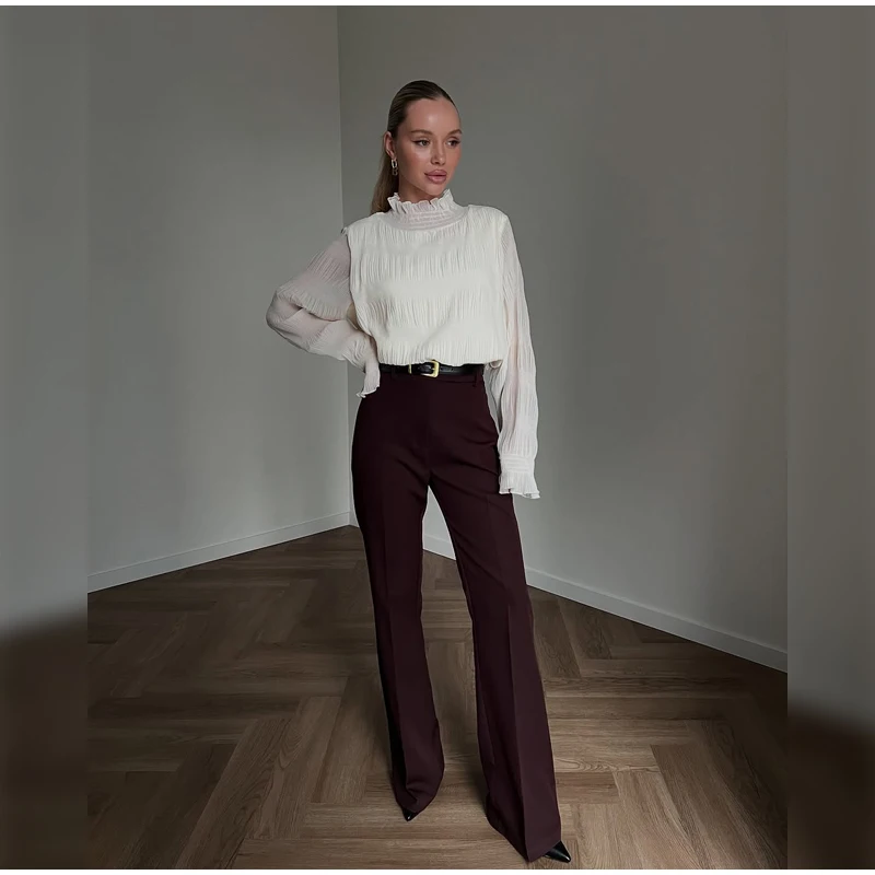 

Lady Pleated Full Sleeve Loose Shirt Solid Elegant Flared Sleeves High Collar Patchwork Shirts New Women 2026 Spring Autumn Wear